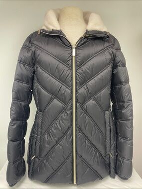Michael Kors Black Quilted Puffer with Cream Sherpa Hood, XL